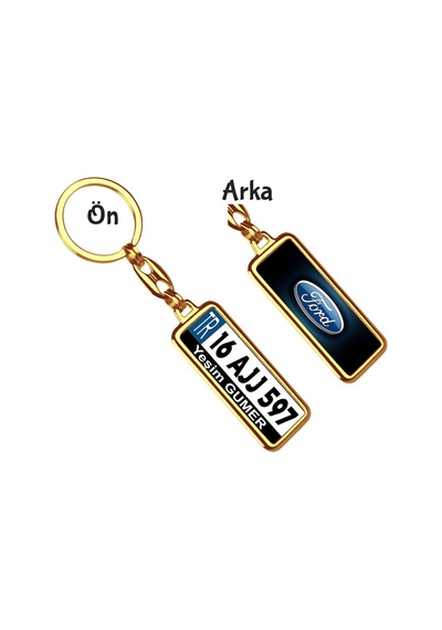 Kişiye Özel Plaka Metal Anahtarlık Ford Metalik Logo Altın