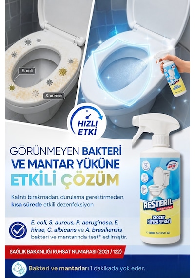Resteril Tuvalet Temizleyici Hızlı Etkili Dezenfektan Sprey Klozet Kapağı Temizleyici Alkolsüz Hipokloröz Asit Tuvalet Koku Giderici Küf Önleyici 500 ML