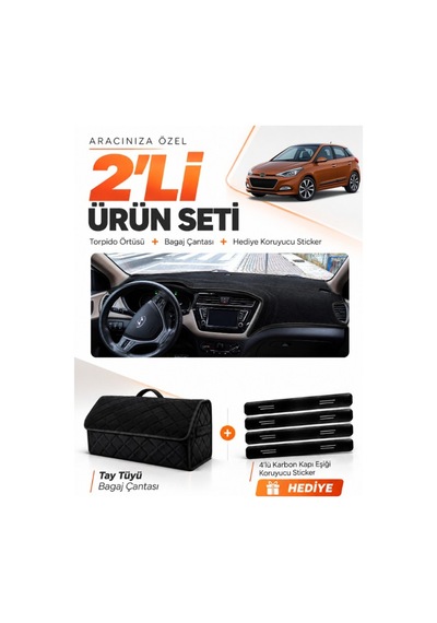Hyundai İ20 2014-2020 Uyumlu Torpido Örtüsü + Tay Tüyü Bagaj Çantası + Sticker Seti - Siyah