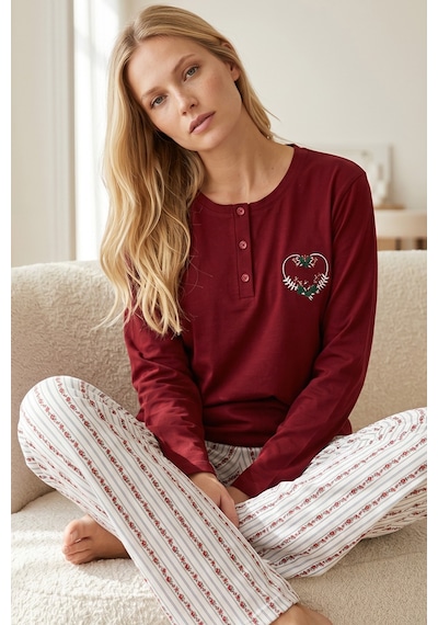 Siyah İnci Nakışlı Düğmeli Pamuklu Likralı Örme Pijama Takım26240355 Bordo