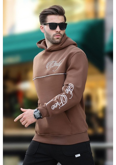 Madmext Kahverengi Kapüşonlu Şerit Detaylı Baskılı Erkek Sweatshirt 7091 Kahverengi