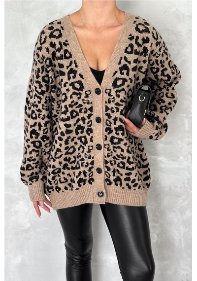 Femelle Kadın Kahverengi Leopar Desen Oversize Triko Hırka