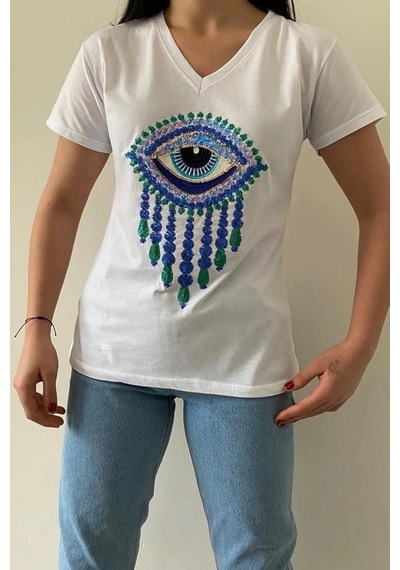 Cassime Kadın Beyaz V Yaka Göz Pul Payet Işlemeli %100 Pamuk Tişört S-m-l-xl-2xl-3xl
