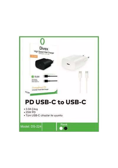 Divex Type-c To Type-c Pd Usb-c Çıkış 3.0a 25w Şarj Aleti Ds-224