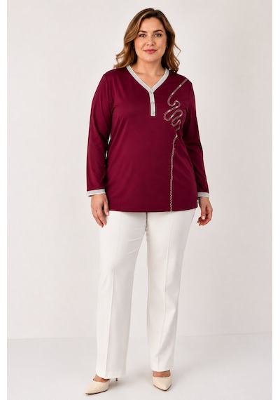 Bihan Store Detay.y26-642 V Yaka Penye Bluz Bordo