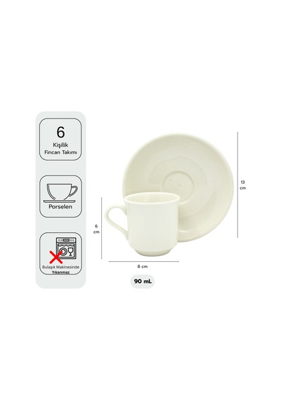 Klasik Krem 6 Kişilik Porselen Fincan Takımı Krem