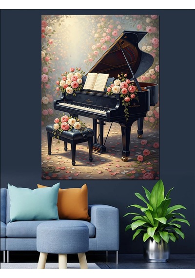 Ahşap Tablo Piyano Ve Çiçekler Müzik Teması