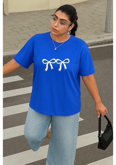 Büyük Beden 2 Li Kurdela Baskılı Unisex Tişört Saks Mavisi