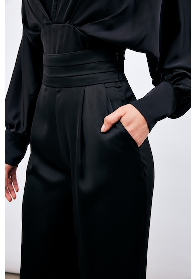 Sateen Cepli Salaş Saten Pantolon - Siyah