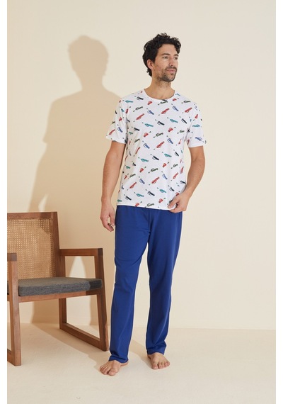 Siyah İnci Bisiklet Yaka Baskılı Örme Pijama Takım 25109843 Beyaz