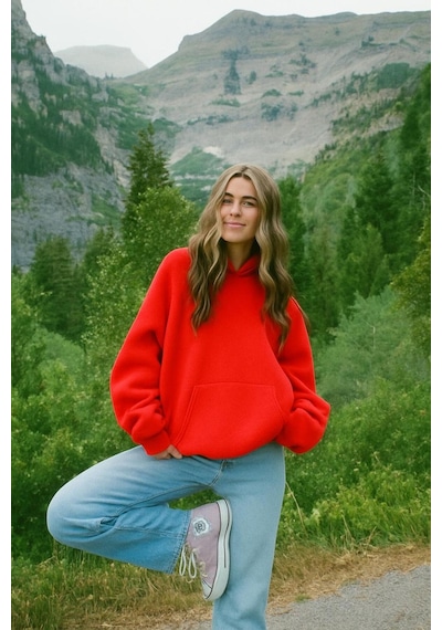 Benroma Düz Ünisex Oversize Kapüşonlu Sweatshırt Kırmızı