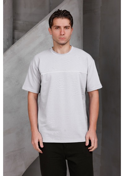 Erkek Garnili Şeritli Oversize Bisiklet Yaka 2 İki İplik Kompakt T-shirt Ekru