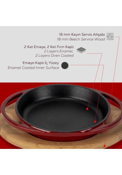 Lava Döküm Yuvarlak Sahan Döküm Demir Yekpare Çift Kulplu Kayın Servis Ahşabı Çap Ø 16cm.-bordo Bordo