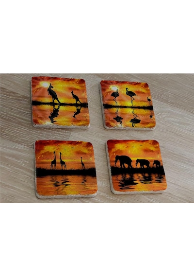 Egzotik Hayvanlar Fil Zürafa Flamingo Kanguru Doğal Taş Bardak Altlığı 4'lü Set - Natural Stone Coasters - Taş Çok Renkli