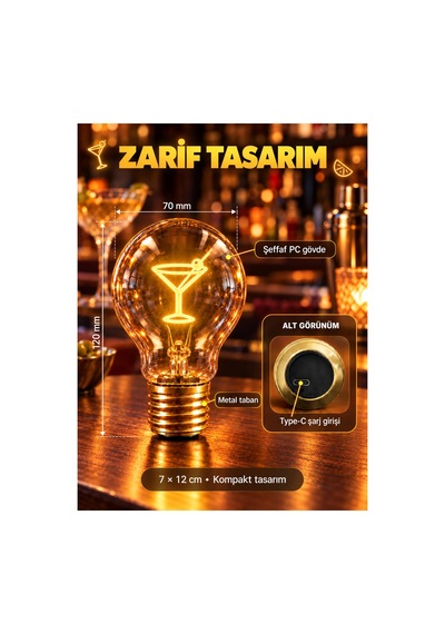 Kokteyl Şeklinde Neon Dekoratif Masa Lambası Ampul Şeklinde Yeni Nesil Aydınlatma Çok Renkli
