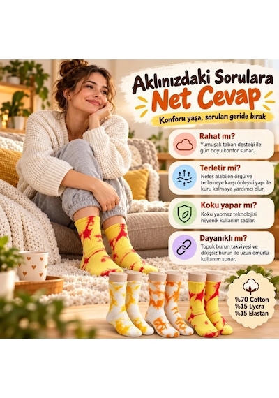 Womanandkids Wak Unisex Batik Desenli Çorap 6'lı Set Pamuklu Renkli Uzun Soket Dikişsiz Nefes Alan Günlük Spor Çorabı Çok  Renkli