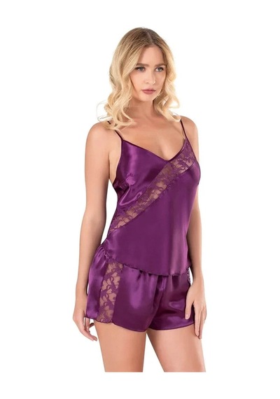 Ang Butik Kadın Mor Saten Babydoll Şort Takımı