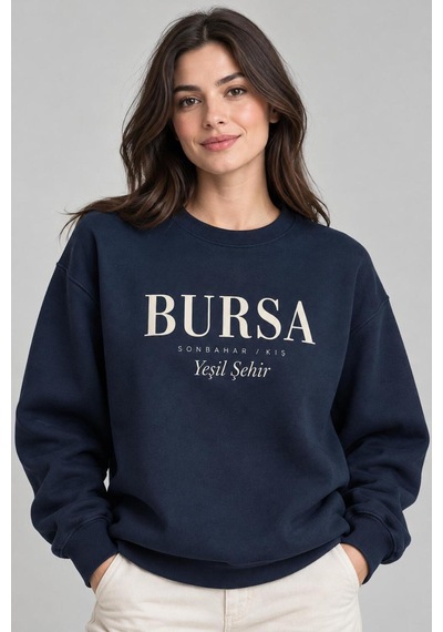 Gıovera Bursa Şehir Yazılı Bisiklet Yaka Kadın Sweatshirt Lacivert
