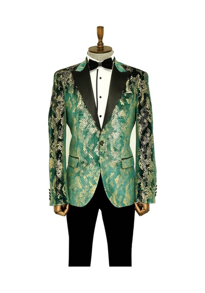 Wessi Dik Yaka Slim Fit Altın Desenli Yeşil Balo Ceket - Wessi Yeşil
