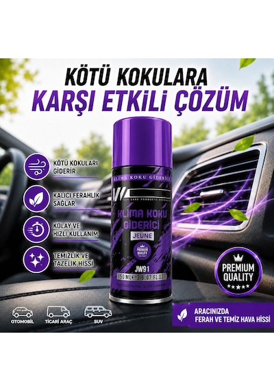 Klima Koku Giderici Bombası 150 Ml - Araç İçi Koku Giderici, Klima Temizleyici, Kalıcı Ferahlık Jeune Mor Koku