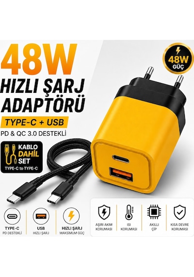 48W Hızlı Şarj Adaptörü + Type-c To Type-c Kablo Seti Pd & Qc 3.0 Destekli Usb + Type-c Çift Giriş Akıllı Koruma Hızlı Şarj Aleti Sarı