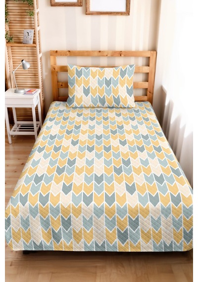 Sarı Geometrik Modern Genç Odası Tek Kişilik Pike Takımı-mavi Beyaz 160x220 Cm Kapitone Yatak Örtüsü Ayazlı Eşik Akışı