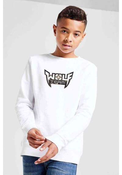 Tshirthane Wolfteam Logo Baskılı Unisex Çocuk Beyaz Sweatshirt Beyaz
