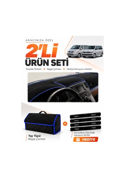 Volkswagen Transporter T5 Çift Kapaklı 2003-2016 Uyumlu Torpido + Tay Tüyü Çanta Seti - Siyah Mavi