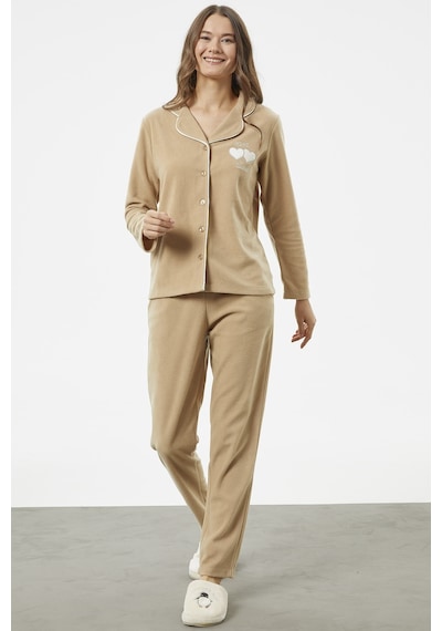 Sementa Gömlek Yaka Düğmeli Polar Pijama Takım - Camel 001
