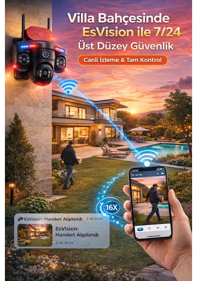 Esvision Es-705 4k 4 Lensli Akıllı Güvenlik Kamerası Hieasy Wifi Gece Görüş Sesli Kişi Takibi