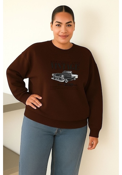 Benroma 3 İplik Penye Vıntage Baskılı Unisex Sweatshırt Kahverengi