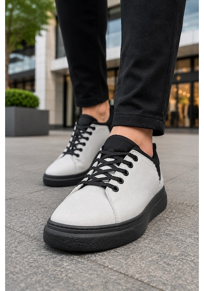 Mevese Ont Bağcıklı Keten Dokulu Hafif Taban Erkek Günlük Casual Sneaker Ayakkabı - Beyaz