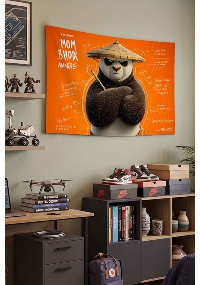 Kung Fu Panda Po Usta Savaşçı Turuncu Dekoratif Duvar Örtüsü Duvar Halısı Beyaz