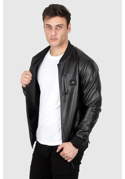 Rizzup Erkek Siyah Dar Kesim Suni Deri Spor Ceket Mont Kolej Yaka Astarsız Model 230206