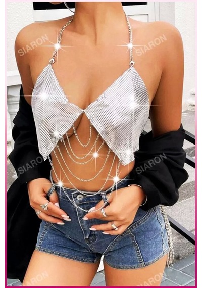 Najmaddin.com Beru Kadın Gümüş Düz Zincir Detaylı Askılı Crop Bluz Metal Dokulu Şık Parti Festival Club Konser Üstü Standart