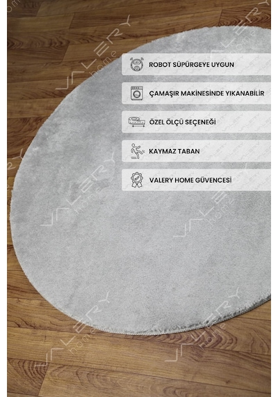 Comfort Oval Overloklu Peluş Halı Gri Gri Overloklu Daire