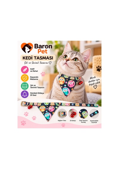 Fularlı Kedi Tasması Lacivert Baykuş Desenli Çift Zilli Ayarlanabilir Bandana Kedi Boyun Tasması