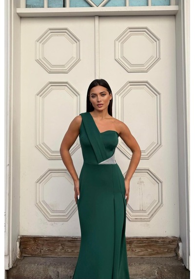 DefyModa Kadın El Emeği Tek Omuz Taş Detaylı Abiye Elbise Zümrüt