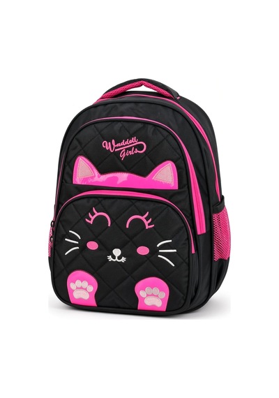Nakışlı Kedi Siyah Pembe İlkokul Çantası Suya Dayanıklı Ortopedik Sırt Çantası 40x30x18 Cm Çok Renkli