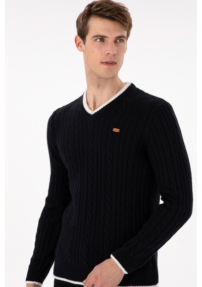 U.S. Polo Assn. Erkek Regular Fit V Yaka Lacivert Yaka Detaylı Kazak 50297083-VR033