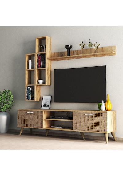 Mega 180 lik Kitaplıklı Raflı Tv Ünitesi Çam Hazeran Kapaklı - TV