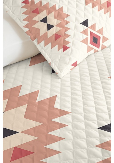Etnik Geometrik Pudra Genç Odası Tek Kişilik Pike Takımı - Bohem Antrasit 160x220 Cm Yatak Örtüsü Ekru