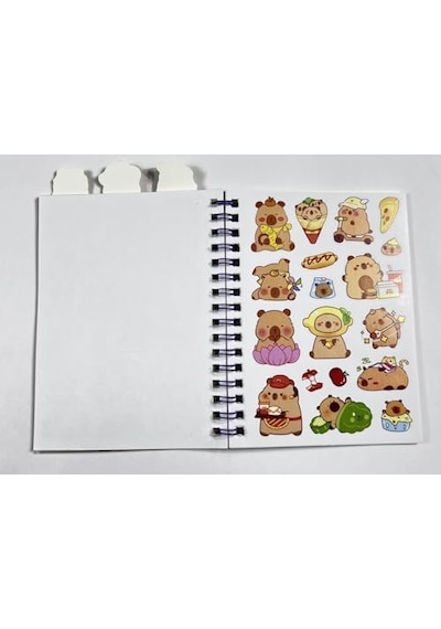 3'ü 1 Arada Spiral Defter Capybara 11x16.5 Cm Sticker Defteri Sarı Açık Gri