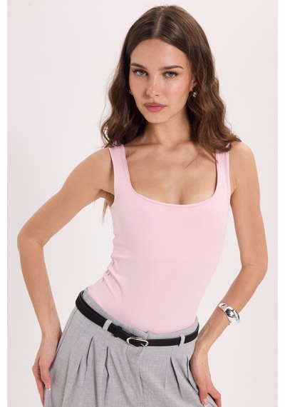 Tudors Kadın Slim Fit Dar Kesim Askılı Kare Yaka Sırtı Açık Sandy Kumaş Çıtçıtlı Pembe Body-51252