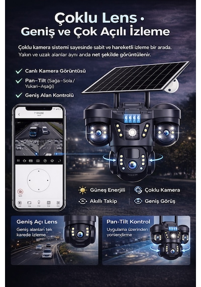 Rxg 3 Kameralı Solar Güvenlik Kamerası 4g Sim Kartlı Ptz Hareketli Gece Görüşlü Güneş Panelli Kamera