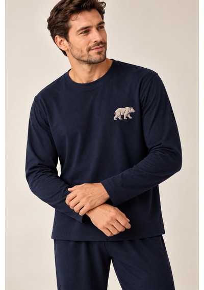 Free Beka Erkek Nakışlı Lacivert Uzun Kollu Penye Kumaş Mevsimlik Pijama Takımı Gri