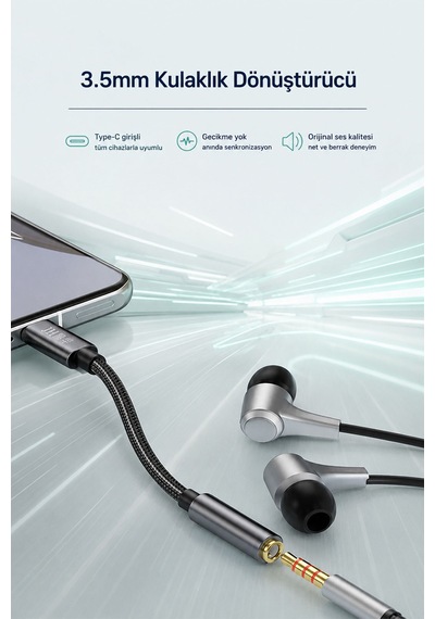 Type-c - 3.5mm Kulaklık Dönüştürücü, Dijital Dac Çipli Hi-res Ses Adaptörü, Telefon Tablet Bilgisayar Uyumlu, Metal Gövde, Naylon Örgülü, Parazit Önleyici A551