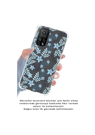 Xiaomi Redmi 10a Köşe Korumalı Antişok Kapak Floral Mavi Tasarımlı Şeffaf Silikon Kılıf