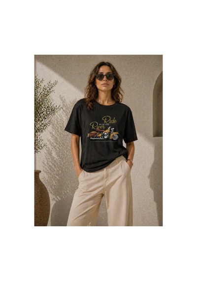 Butik İstanbul Motosiklet Baskılı Tişört Bisiklet Yaka Kısa Kol Yazlık T-shirt - Siyah