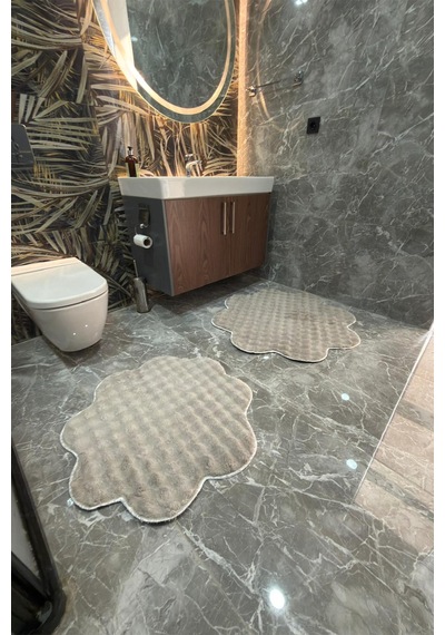 Bubble Papatya Banyo Paspası 2'li Set Pofuduk Yumuşak Peluş Kaymaz Taban Dekoratif Banyo Halısı Kum